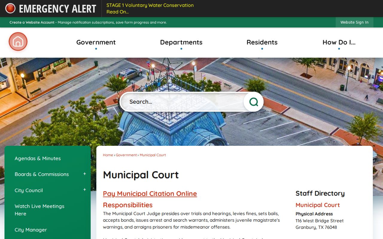 Hood County municipal warrant and bail functions at Granbury Municipal Court