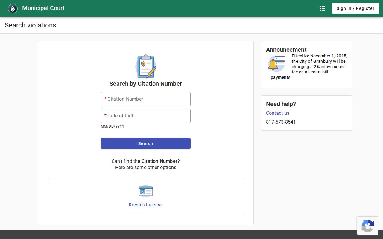 Granbury Municipal Court portal search choices for citation, name, license, and vehicle