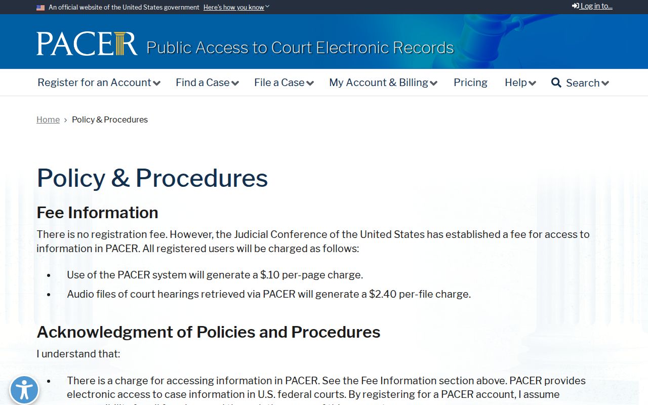 PACER federal court records fee information