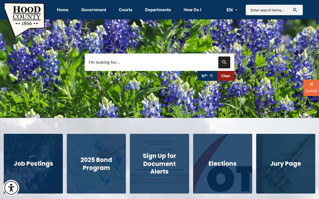 Official Hood County website with court and county department navigation