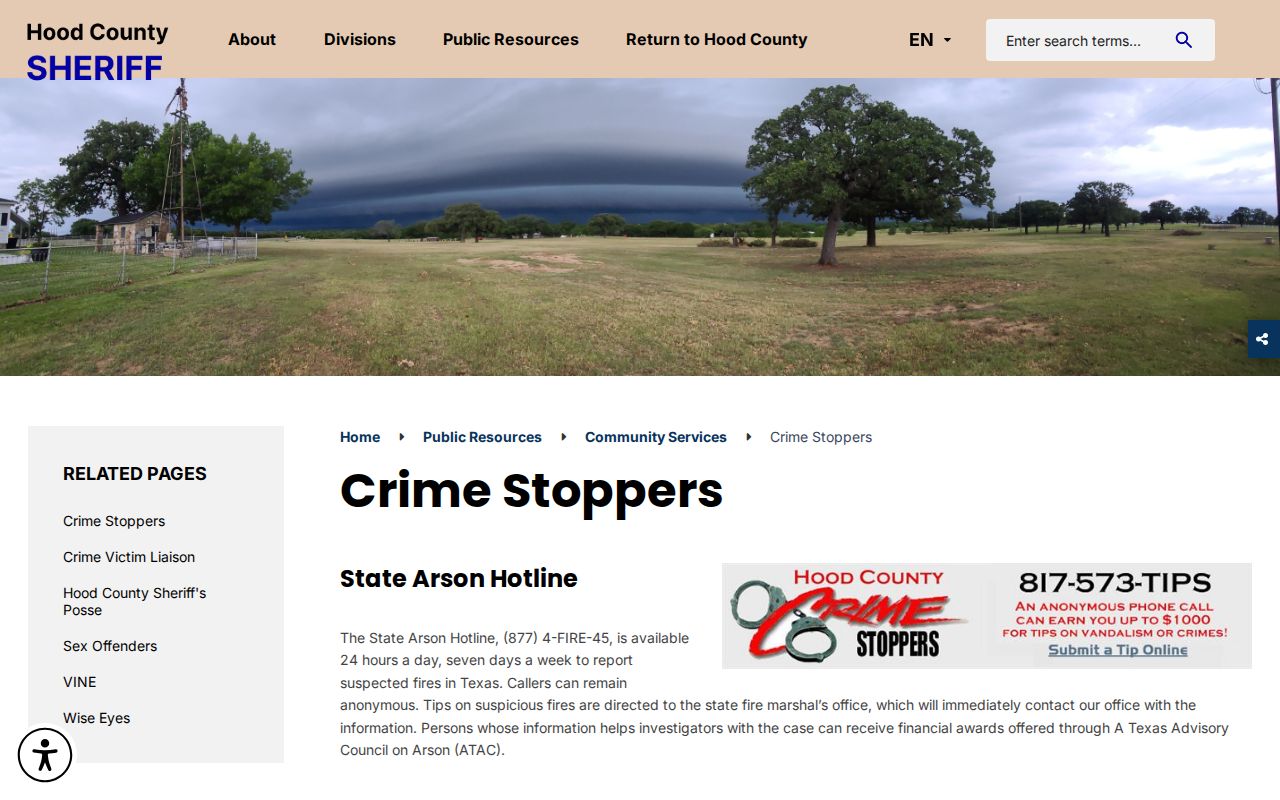 Hood County warrant tip resources on the sheriff Crime Stoppers program page